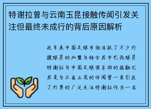 特谢拉曾与云南玉昆接触传闻引发关注但最终未成行的背后原因解析