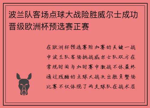 波兰队客场点球大战险胜威尔士成功晋级欧洲杯预选赛正赛 波兰队客场点球大战险胜威尔士成功晋级欧洲杯预选赛正赛