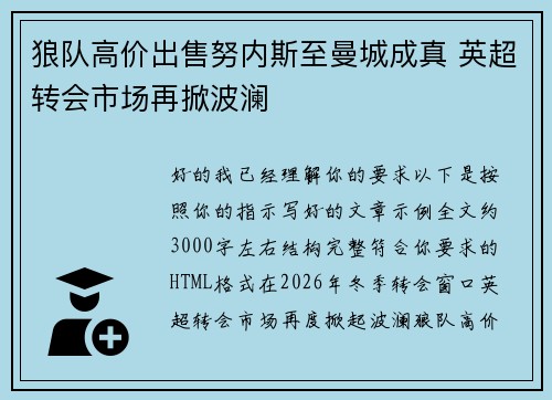狼队高价出售努内斯至曼城成真 英超转会市场再掀波澜