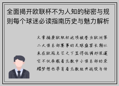 全面揭开欧联杯不为人知的秘密与规则每个球迷必读指南历史与魅力解析